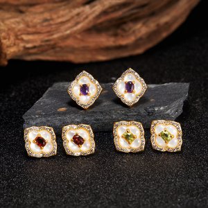 S925 Sterling Silver Natural Gemstone Earrings with Garnet Peridot and Amethyst